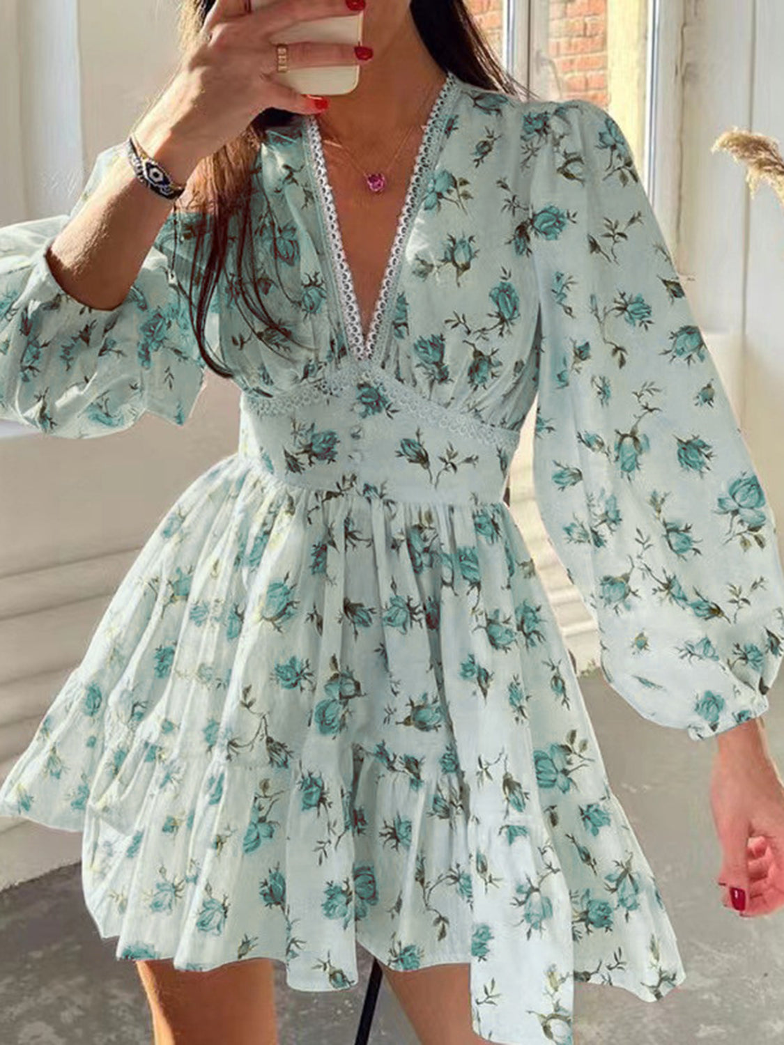 Whimsical Bloom V-Neck Lace Mini Dress