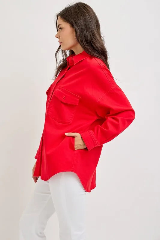 Risen Button Down Long Sleeve Denim Shacket with Chest Pockets - Love Salve