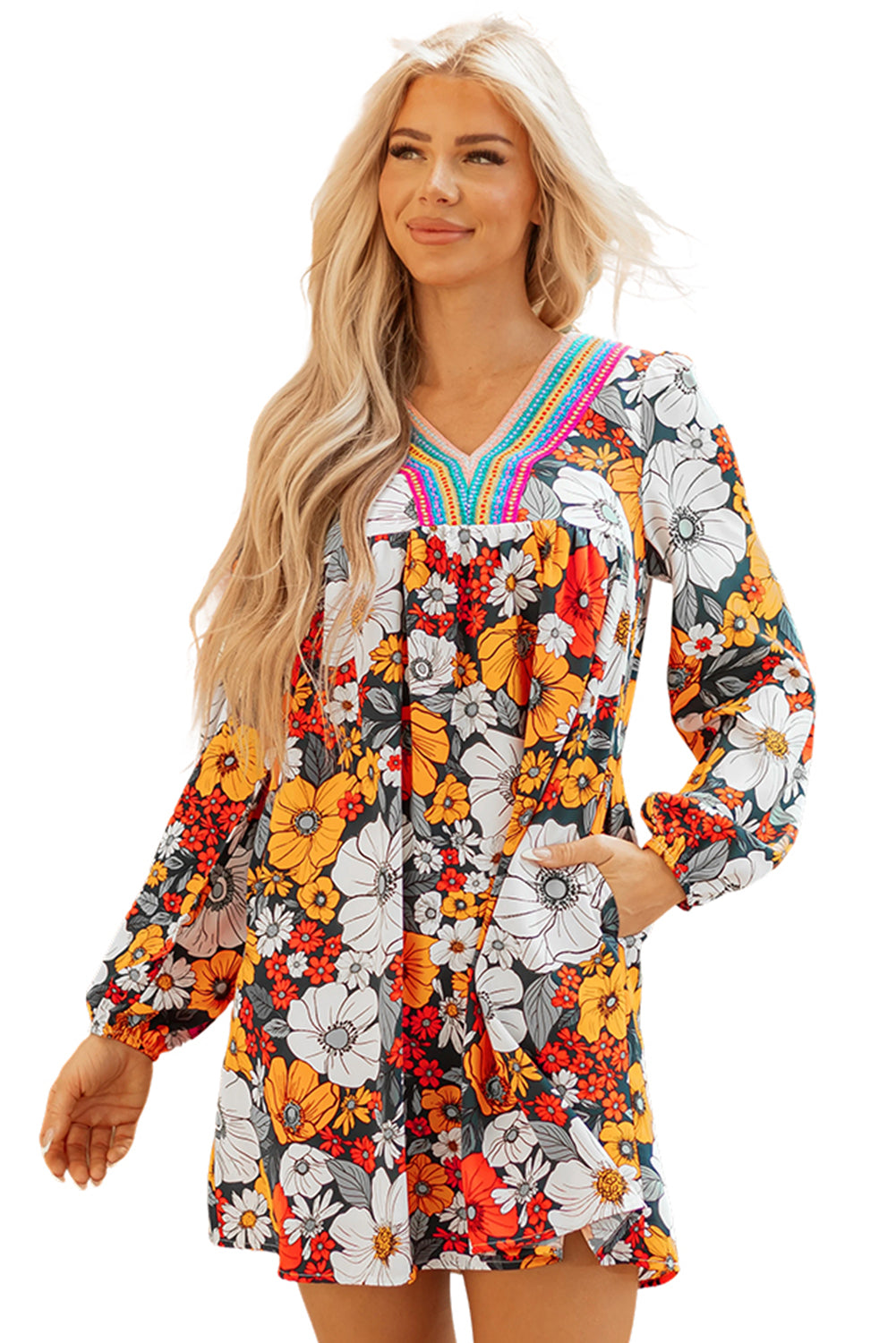 Orange Floral Print Lace V Neck Long Sleeve Mini Dress
