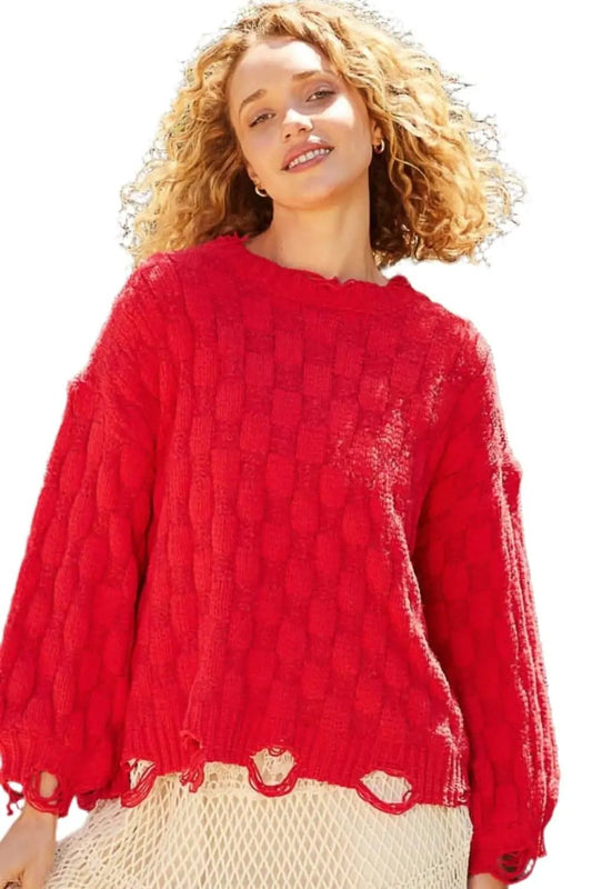 POL Checkered Distressed Edge Sweater - Love Salve