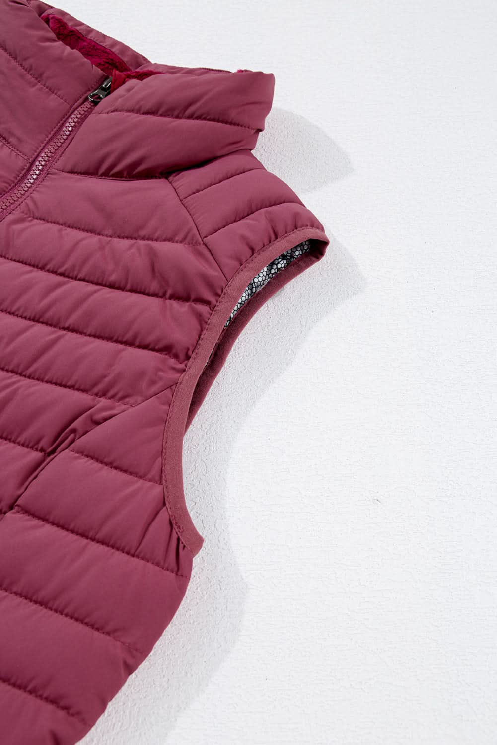 Burgundy Plush Collared Quilted Zipped Puffer Vest - Love Salve