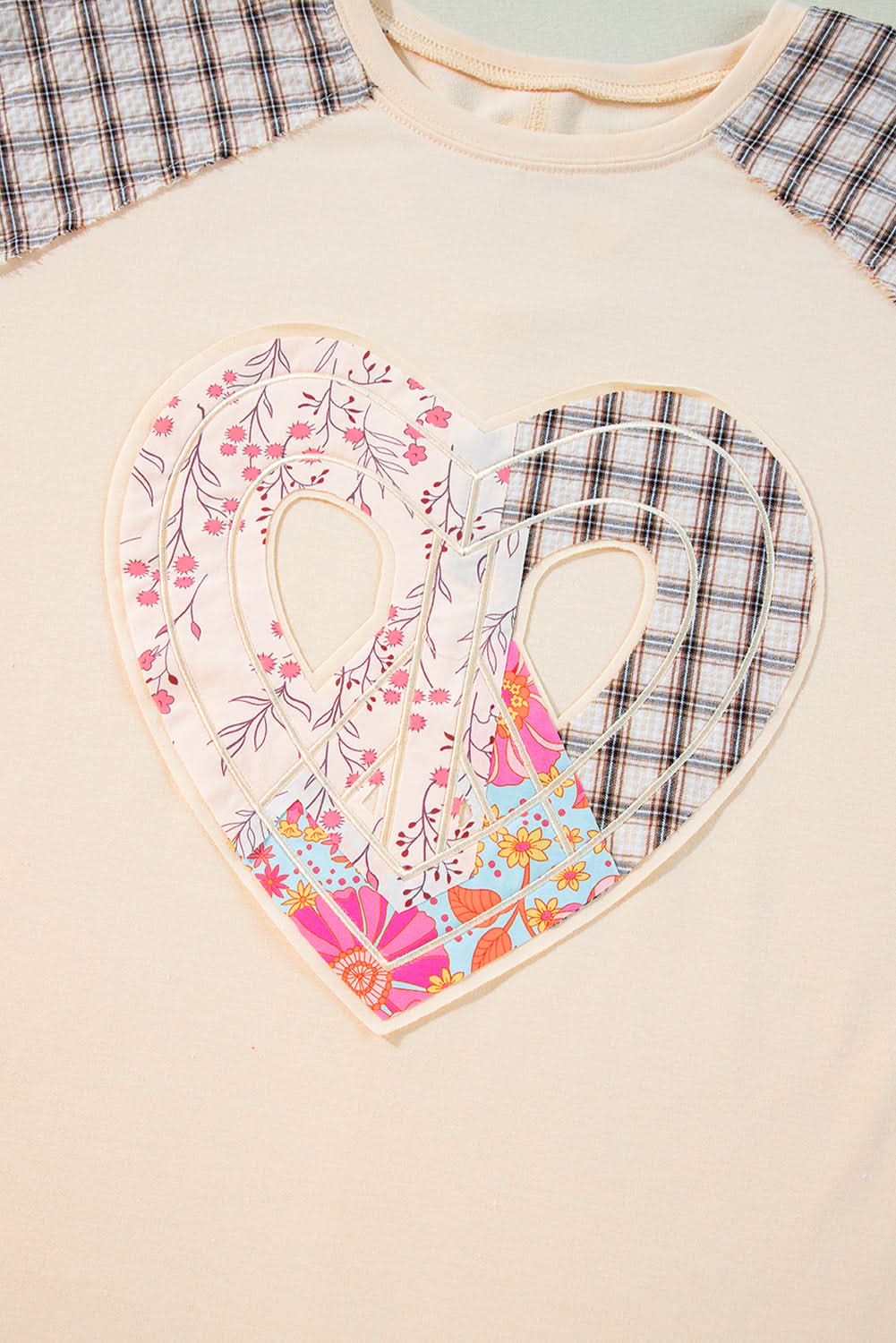 Beige Plaid Floral Peace Heart Graphic Wide Long Sleeve Top - Love Salve
