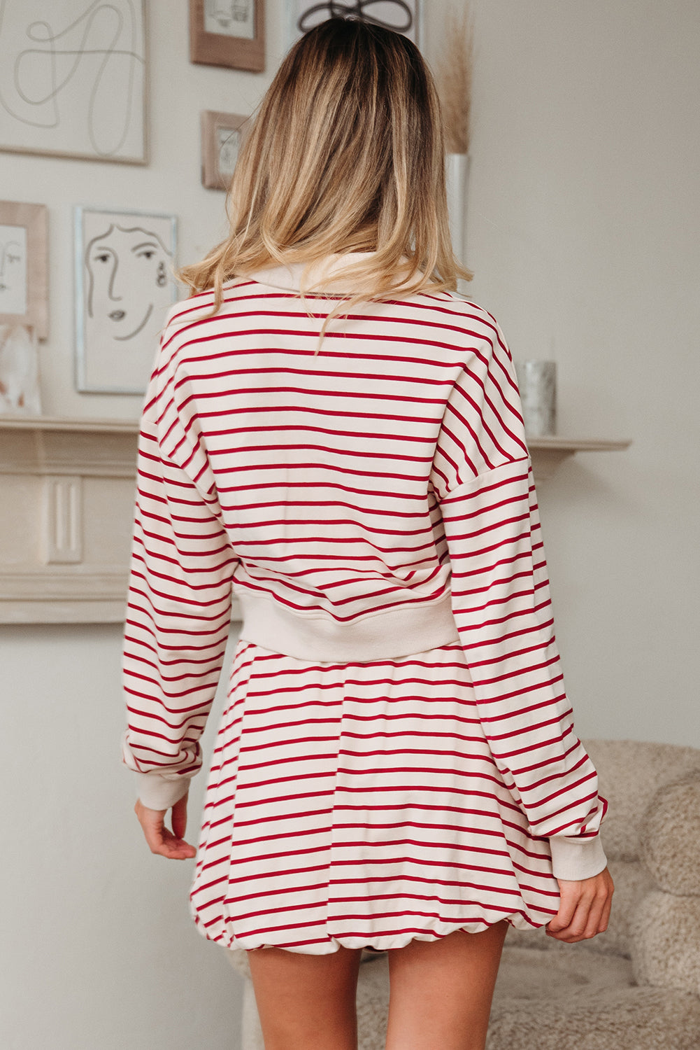 Red Stripe Cropped Collared Pullover and Bubble Mini Skirt