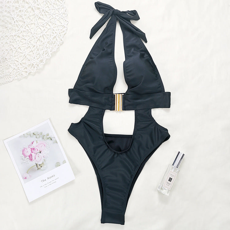 Sexy Deep V Plunge Plunge Buckle Design One Piece Women Bikini