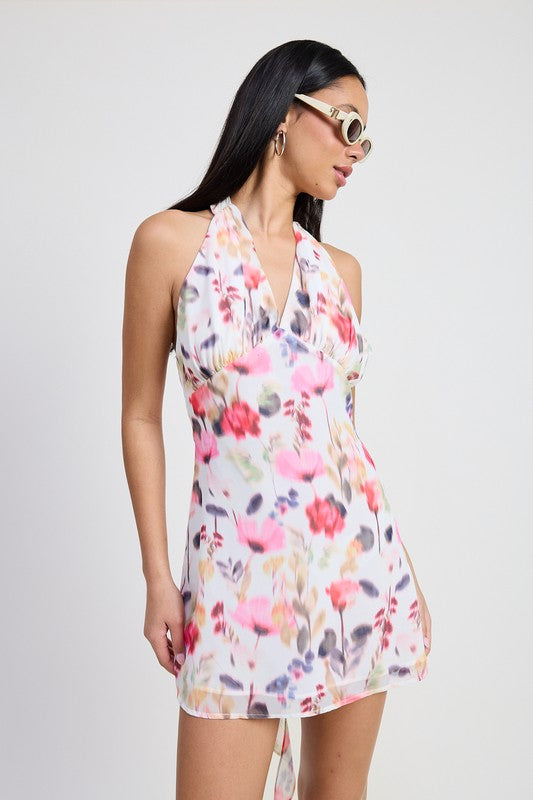 Flirt in Bloom Halter Mini Dress – Ivory Floral