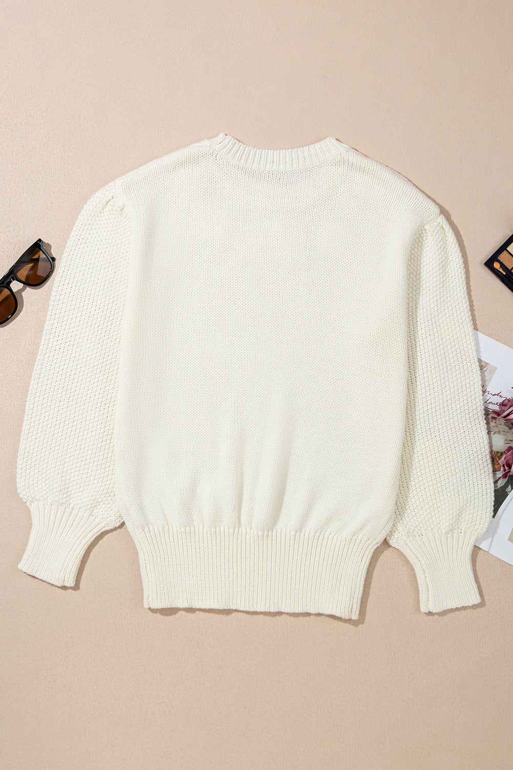 White Flower Round Neck Textured Puff Sleeve Sweater
