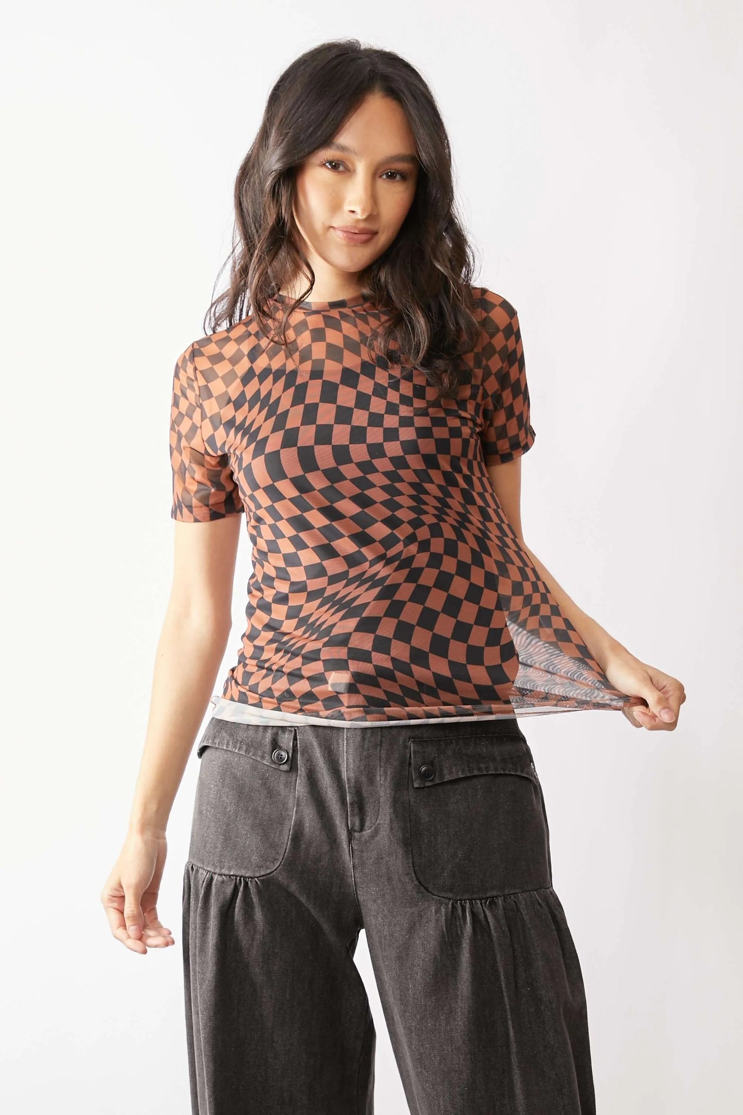 Davi & Dani Checker Board Printed Mesh Short Sleeve Top - Love Salve