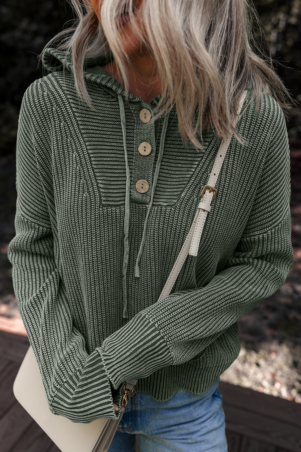 Mist Green Mineral Wash Ribbed Knit Hooded Sweater