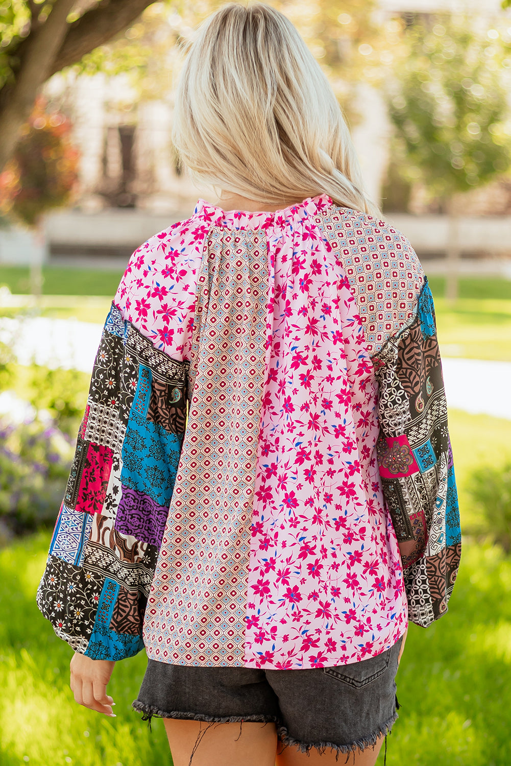 Premium Pink Boho Mixed Floral Drop Shoulder Bubble Sleeve Blouse