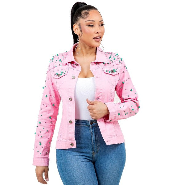 Pearls Rhinestone Pink Denim Jacket Pink Green
