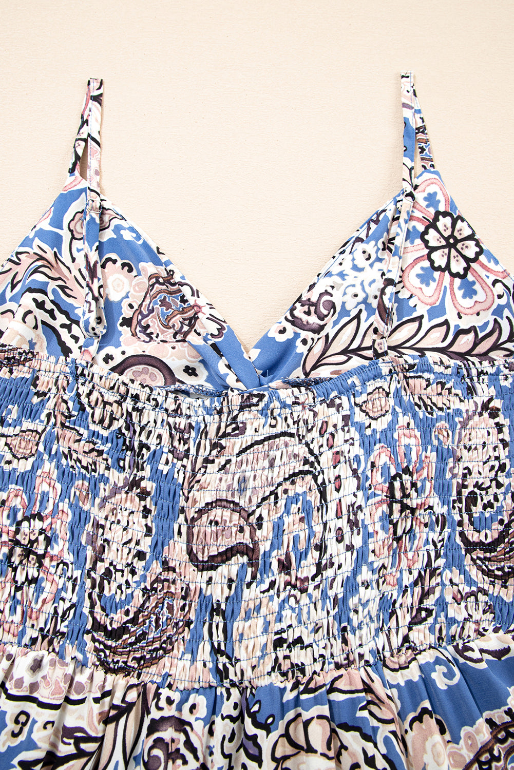 Blue Paisley Print Twist Detail Smocked Back Dress