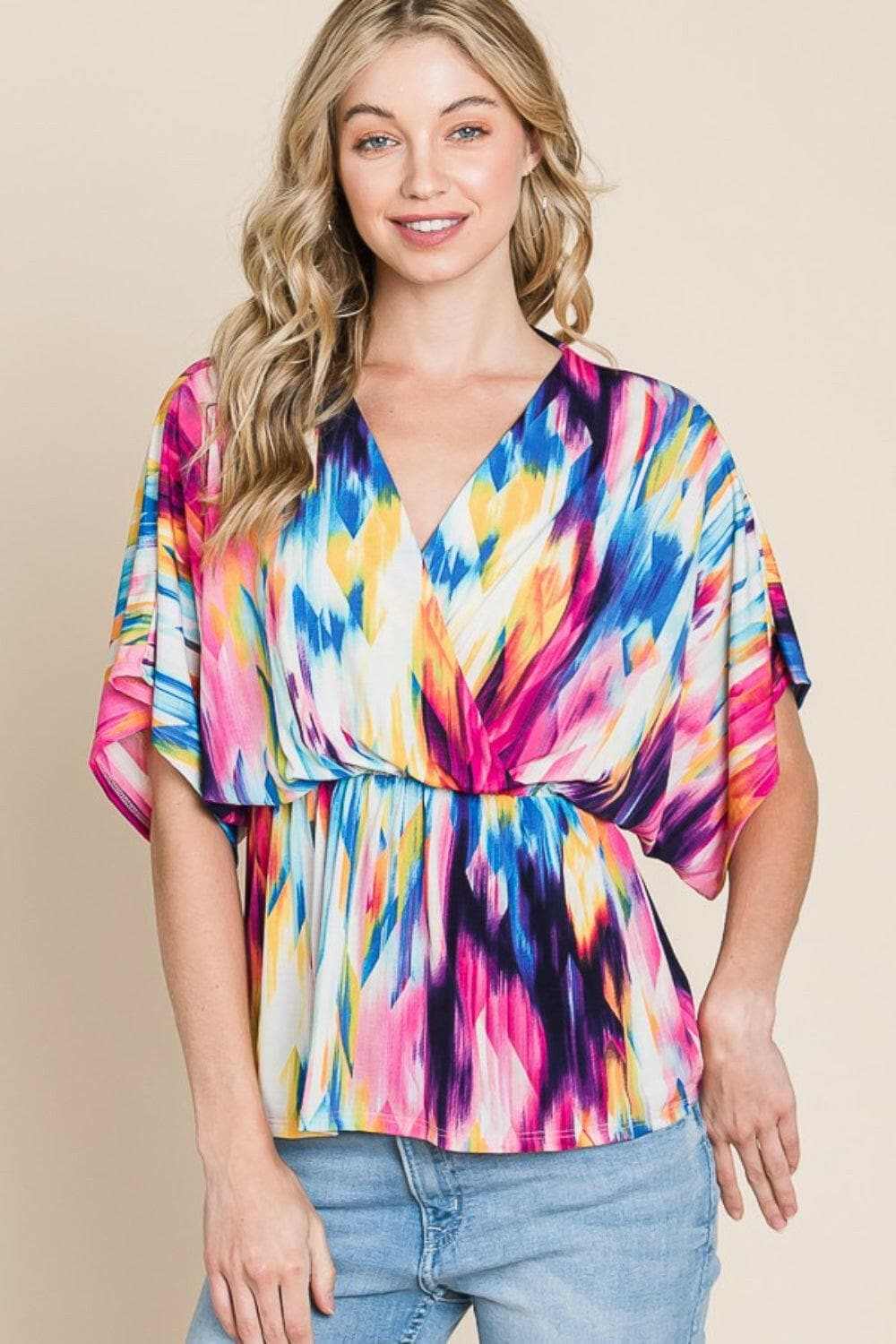 BOMBOM Printed Surplice Peplum Blouse - Love Salve