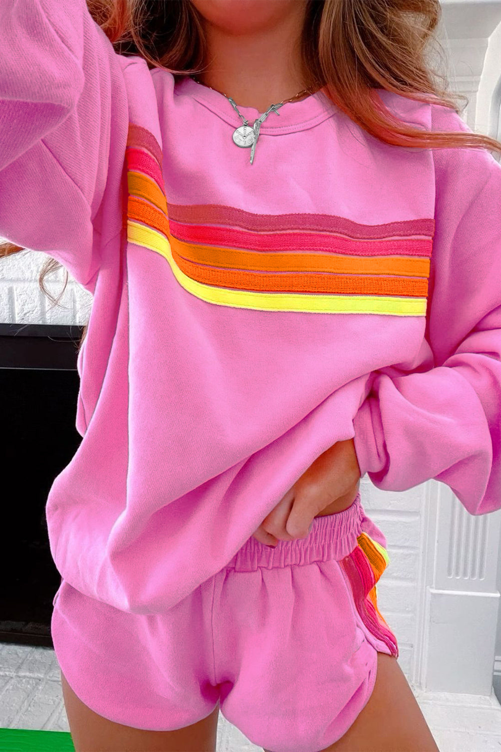 Bonbon Striped Accent Pullover and Shorts Two Piece Set