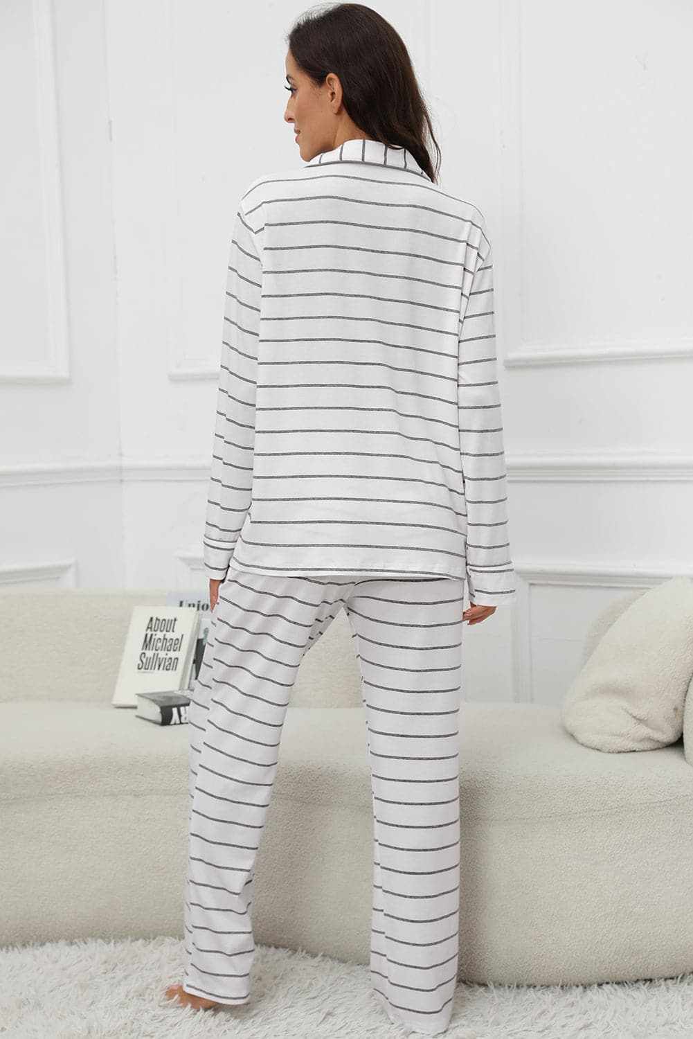 Chic striped lounge set, v-neck, drawstring pants - Love Salve