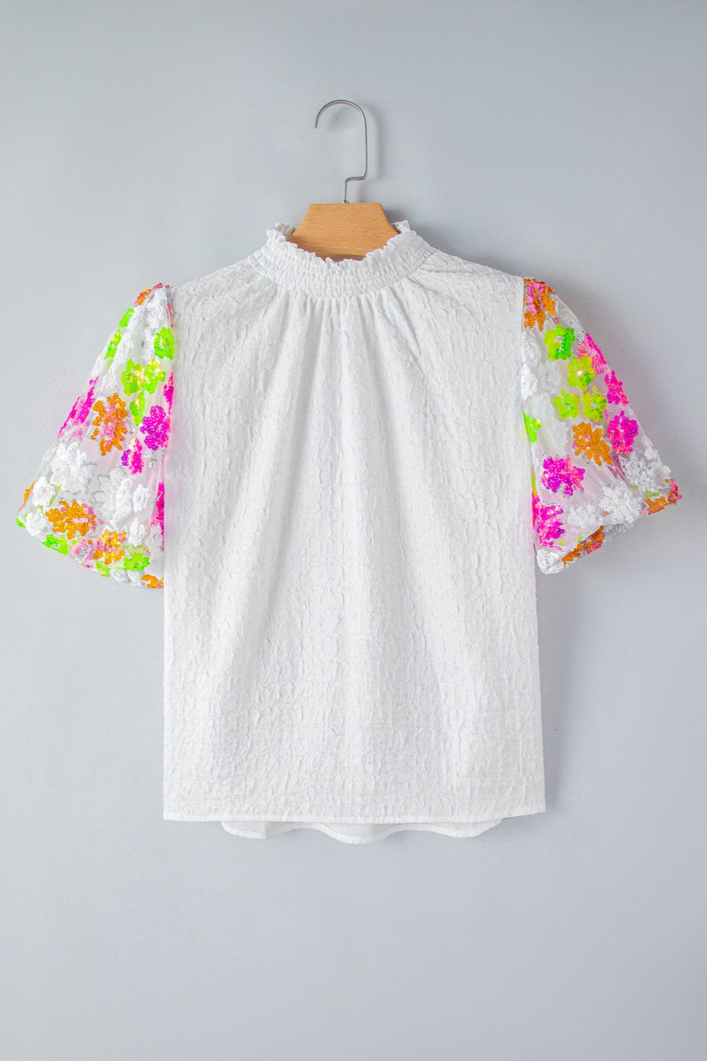 Floral Sequin Mock Neck Blouse – White
