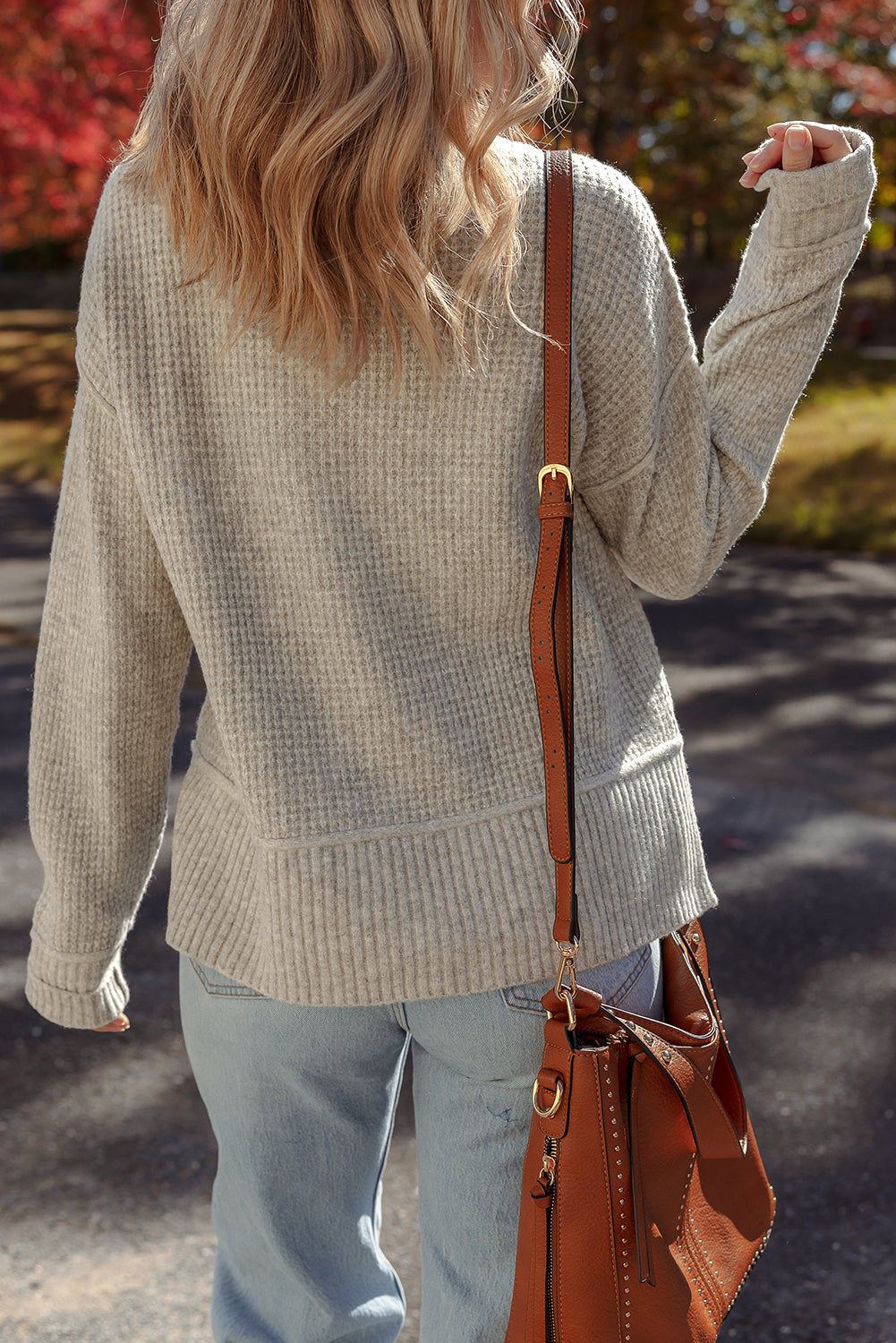 Gray Morn Waffle Knit Ribbed High Neck Drop Shoulder Sweater