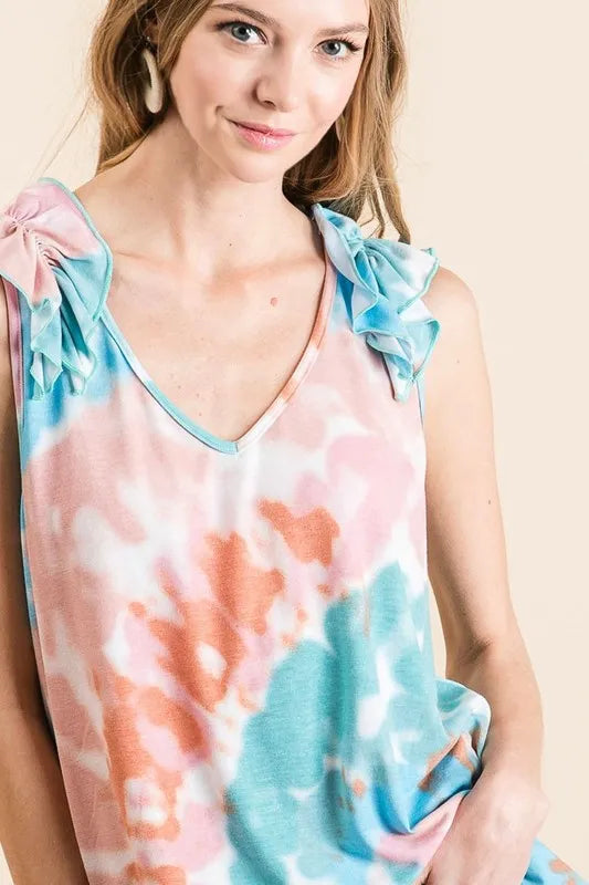 BiBi Circular Tie Dye Knit V Neck Top With Ruffle - Love Salve