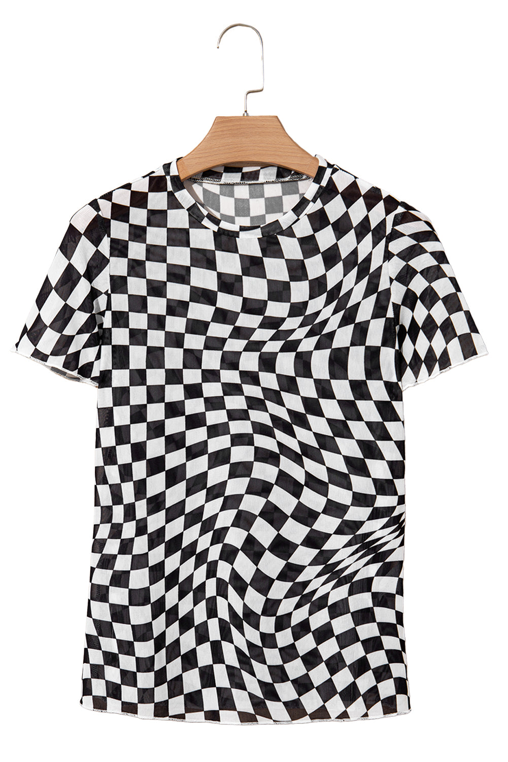 Black Checker Mesh Crew Neck T Shirt for Women Fashion