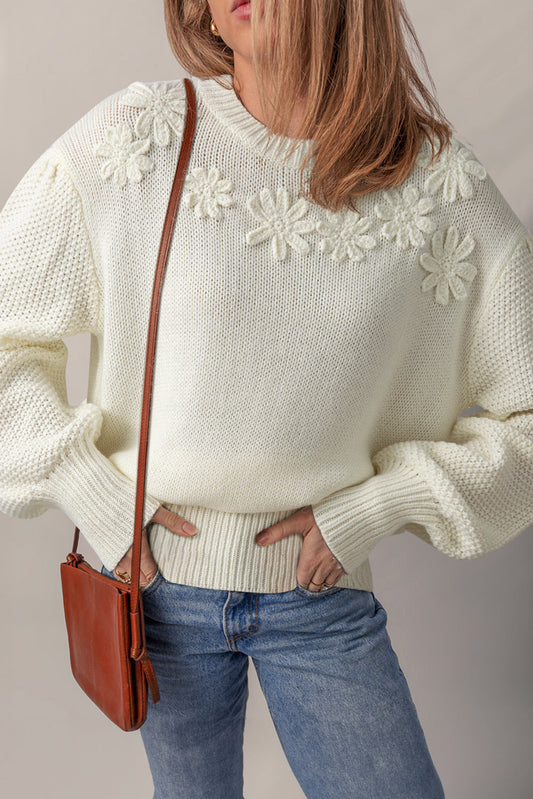 White Flower Round Neck Textured Puff Sleeve Sweater Dear-Lover Dropshipping