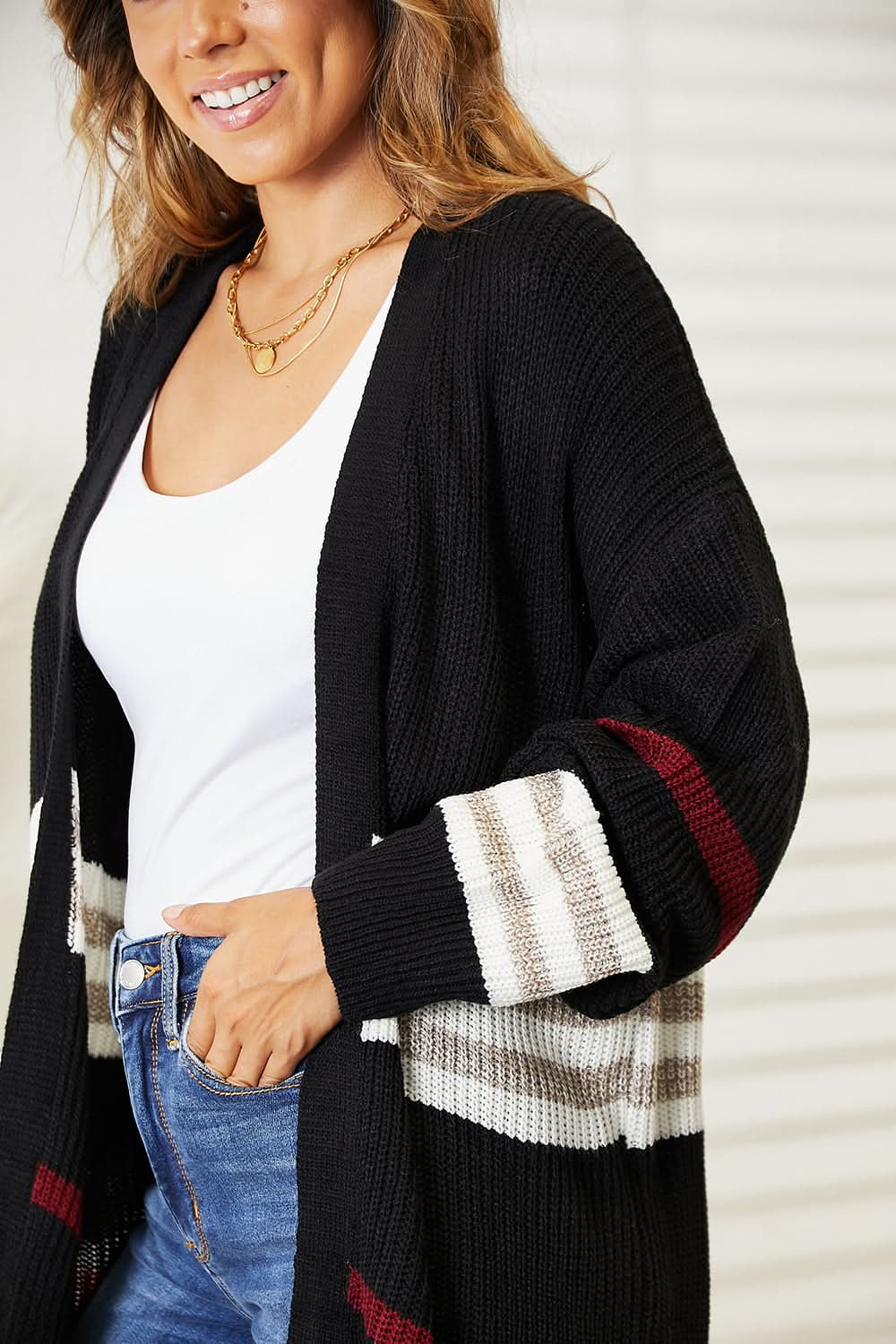 Perfee Striped Asen-Knit Drop Ysgwydd Blaen Agored Aberteifi