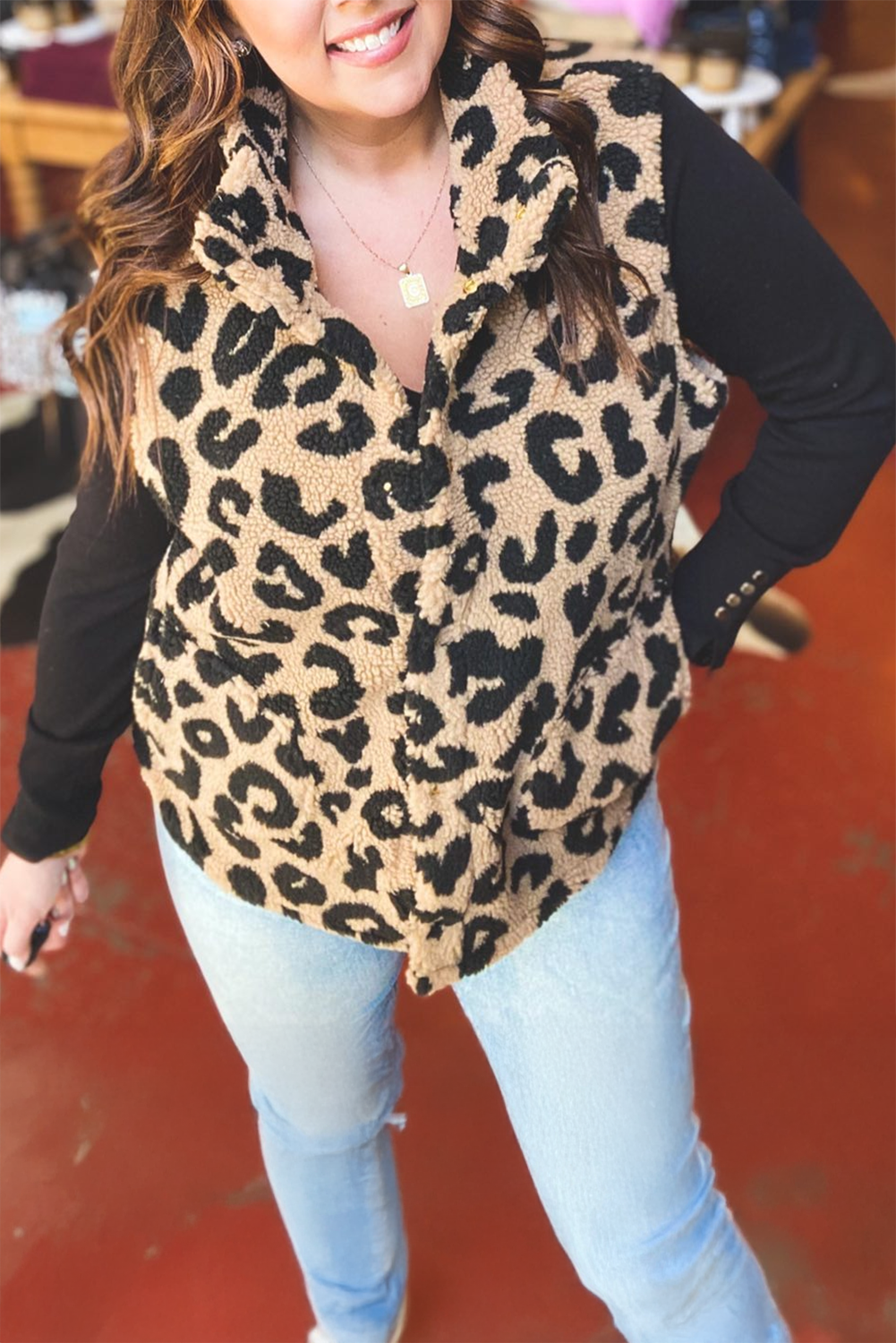 Premium Khaki Leopard Sherpa Button Front Plus Size Vest Jacket