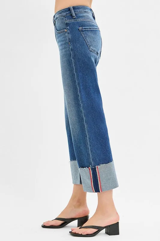 Risen Full Size Tummy Control Mid Rise Crop Wide Cuffed Jeans Plus Size - Love Salve