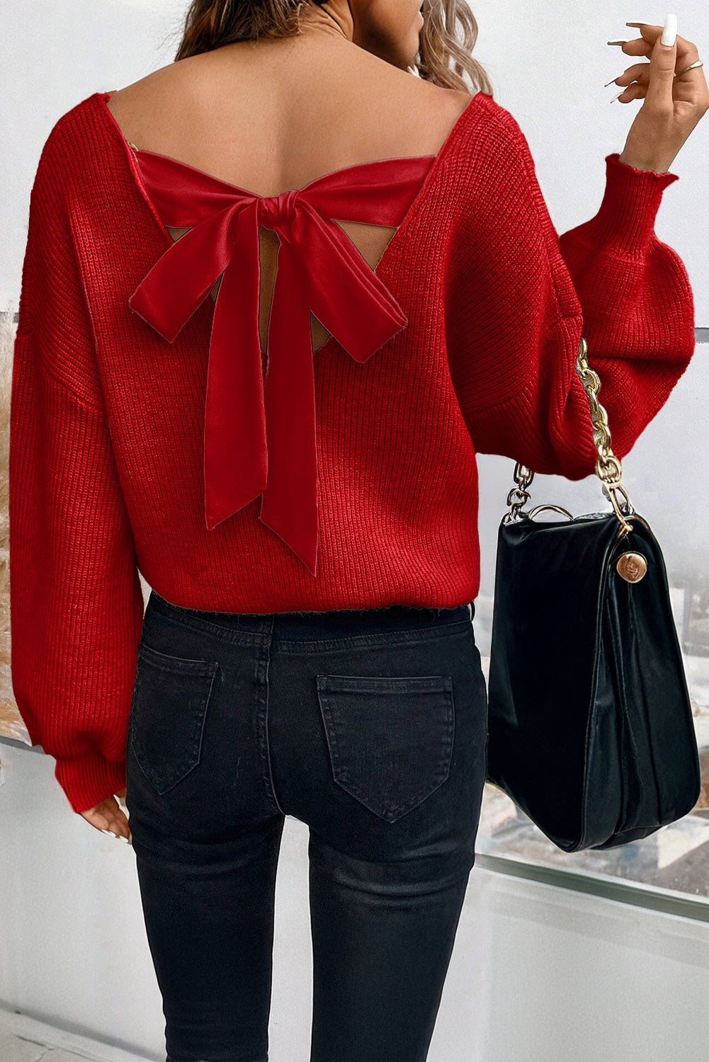 Racing Red Lantern Sleeve V Neck Knot Back Cozy Sweater