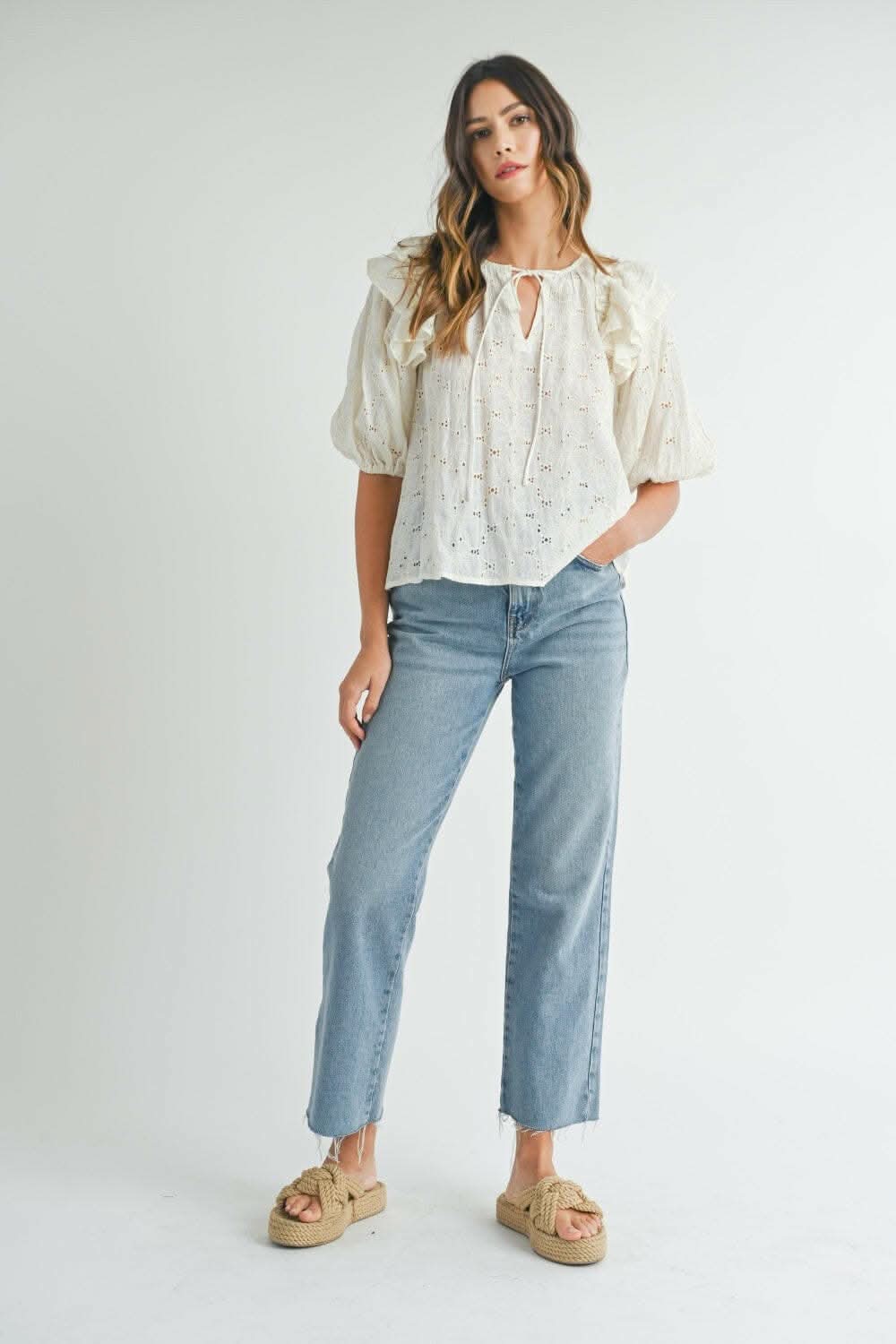 MABLE Eyelet Lace Ruffle Shoulder Puff Sleeve Blouse.