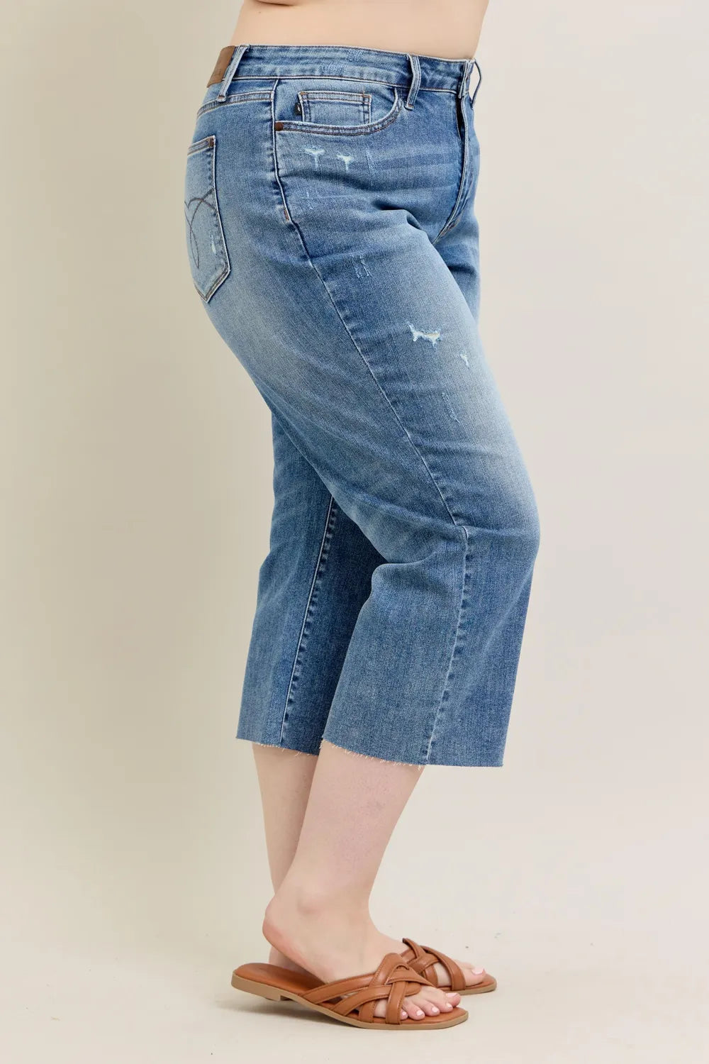 Judy Blue Plus Size High Waist Back Destroyed Raw Cut Hem Crop Wide Leg Jeans - Love Salve