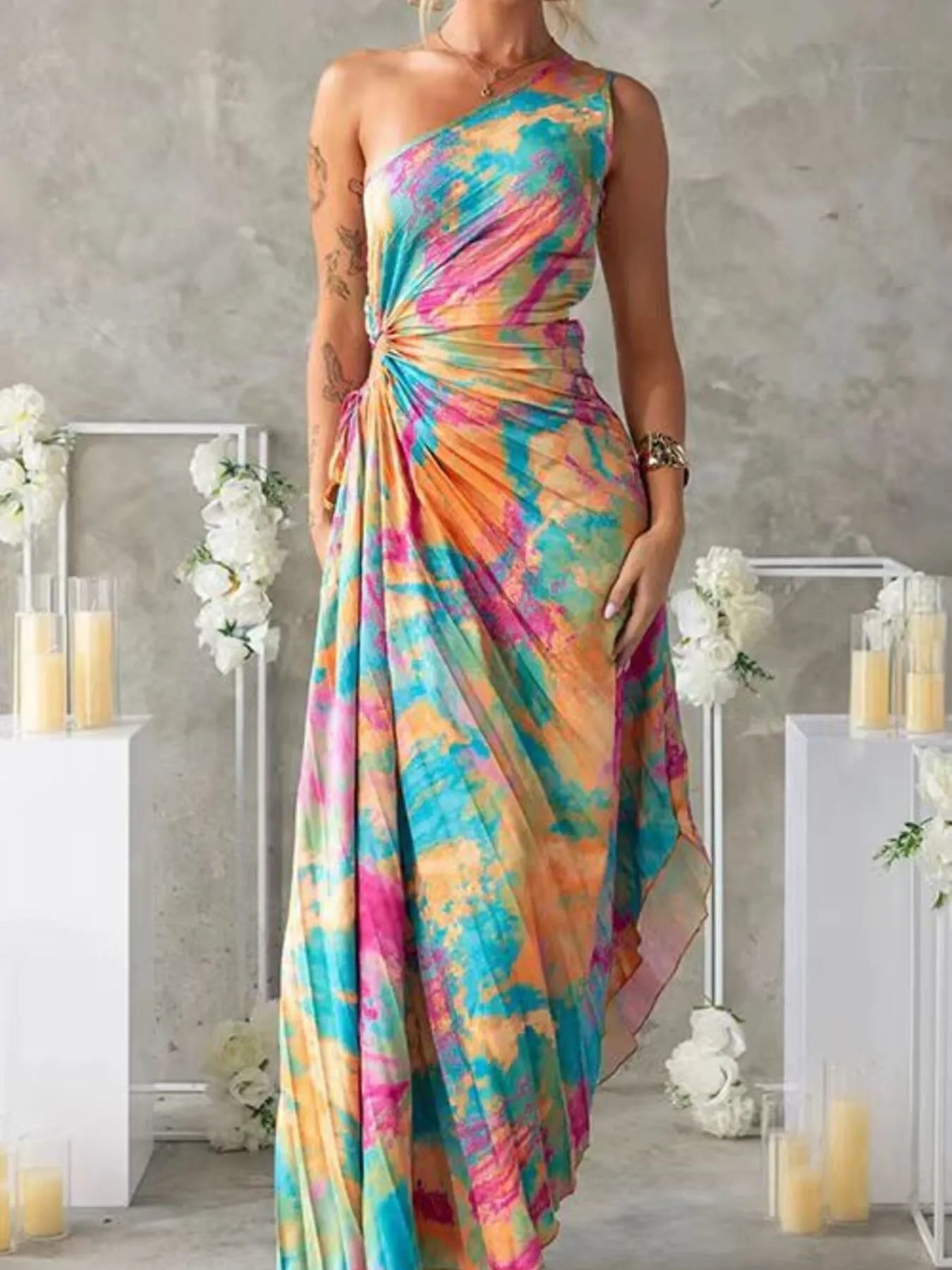 Glow & Go One-Shoulder Pleated Maxi Dress