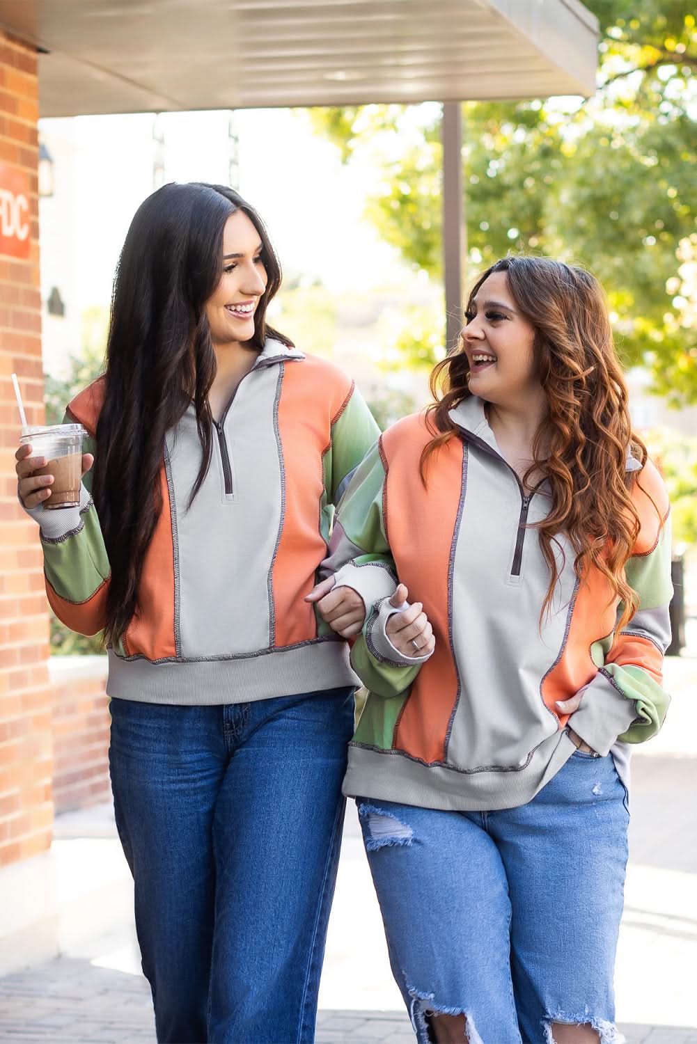Light Grey Color Block Stitching Detail Half Zipper Sweatshirt - Love Salve
