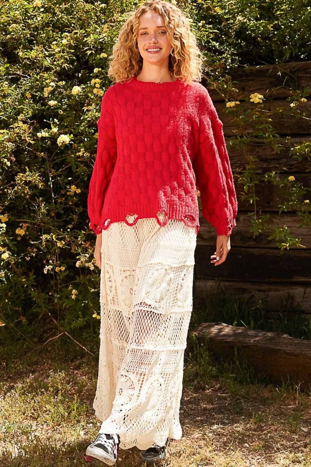 POL Checkered Distressed Edge Sweater - Love Salve