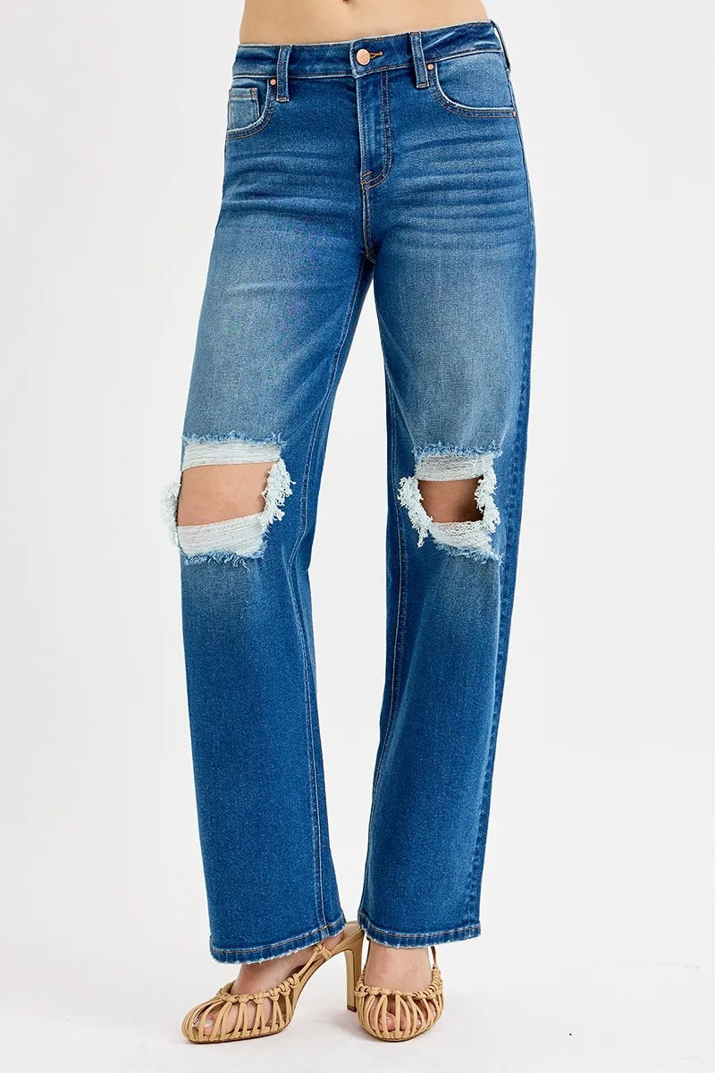 Risen Full Size Mid Waist Fit Boyfriend Knee Distressed Jeans Plus Size - Love Salve