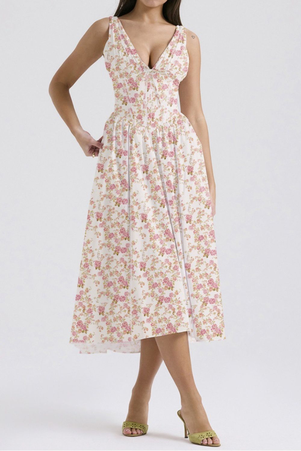 Garden Muse V-Neck Midi Dress with Pockets