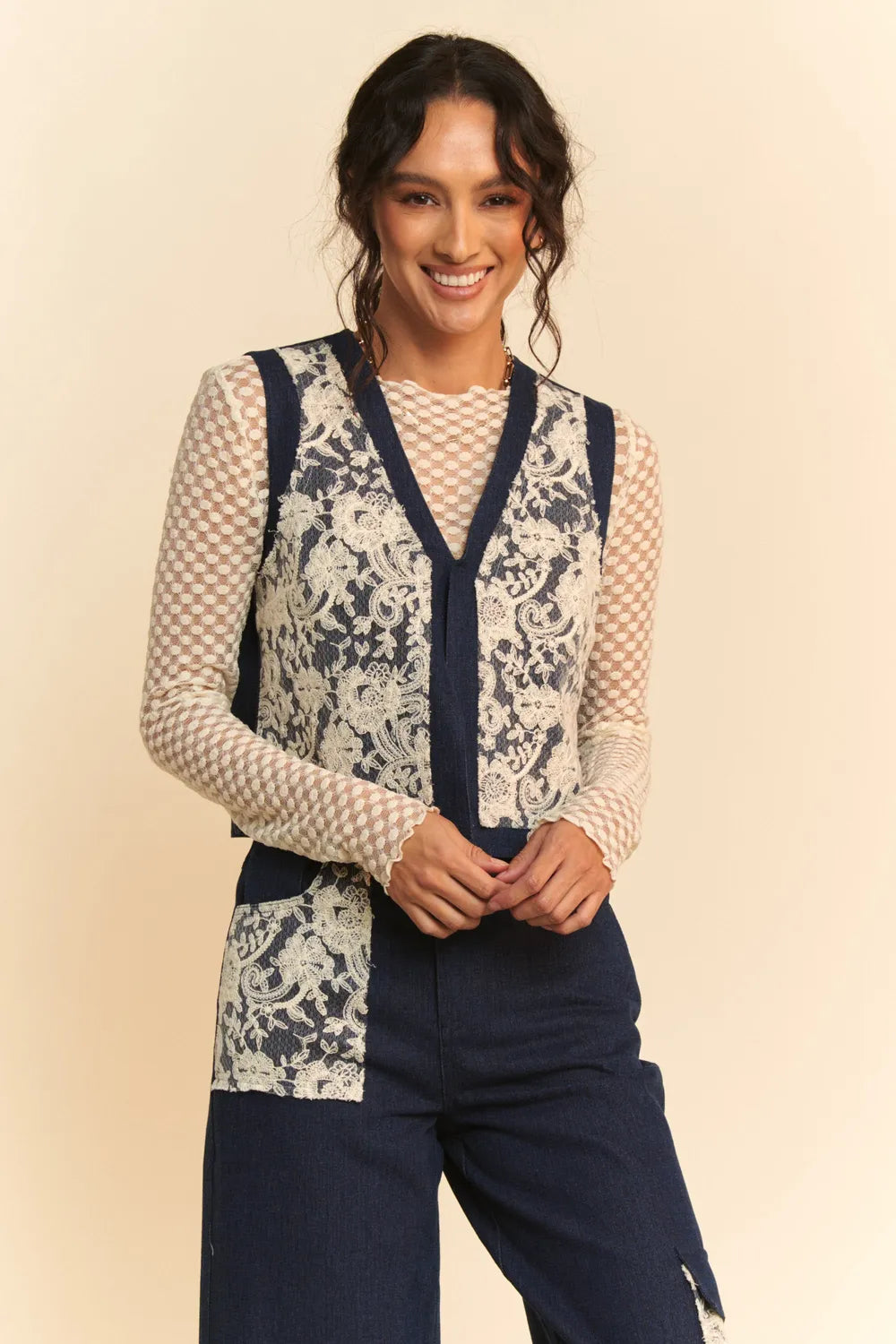 Davi and Dani Lace Patch Open Front Denim Vest - Love Salve