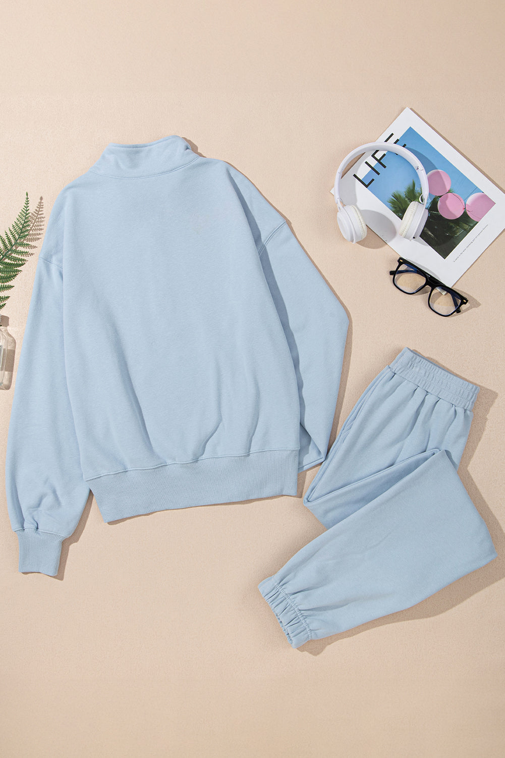 Sky Blue Half Zip Up Pullover Active Top and Joggers Set