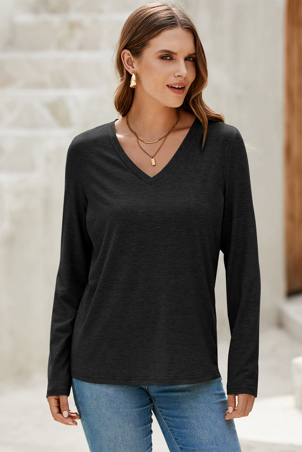 Black Casual Black Solid Color V Neck Long Sleeve Stretchy Top - View 7 by Dear-Lover Dropshipping