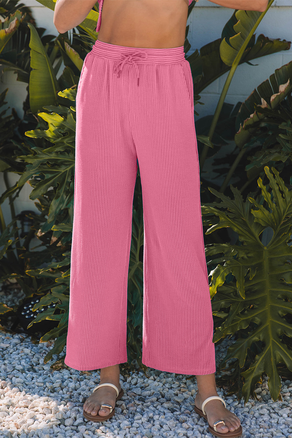 Bright Pink Solid Corded Knit Short Sleeve T Shirt Set