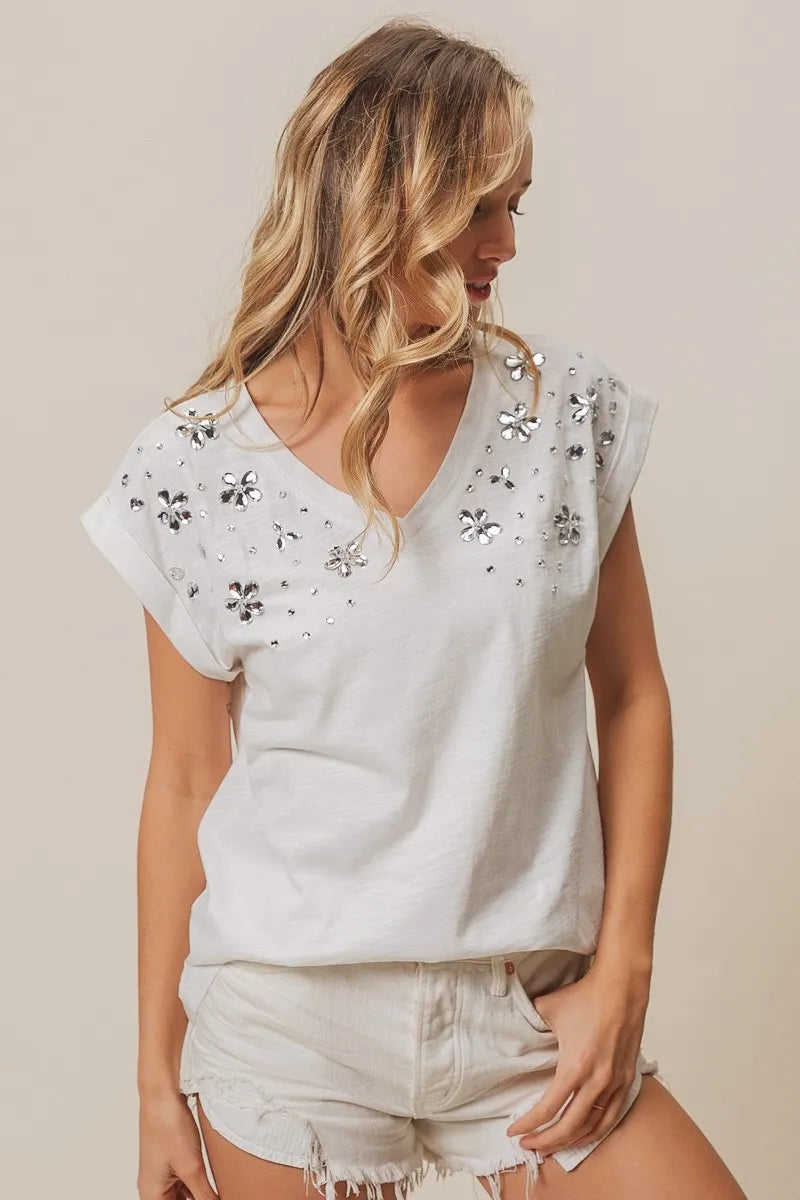 BiBi Slub Jersey Rhinestone V Neck Top - Love Salve