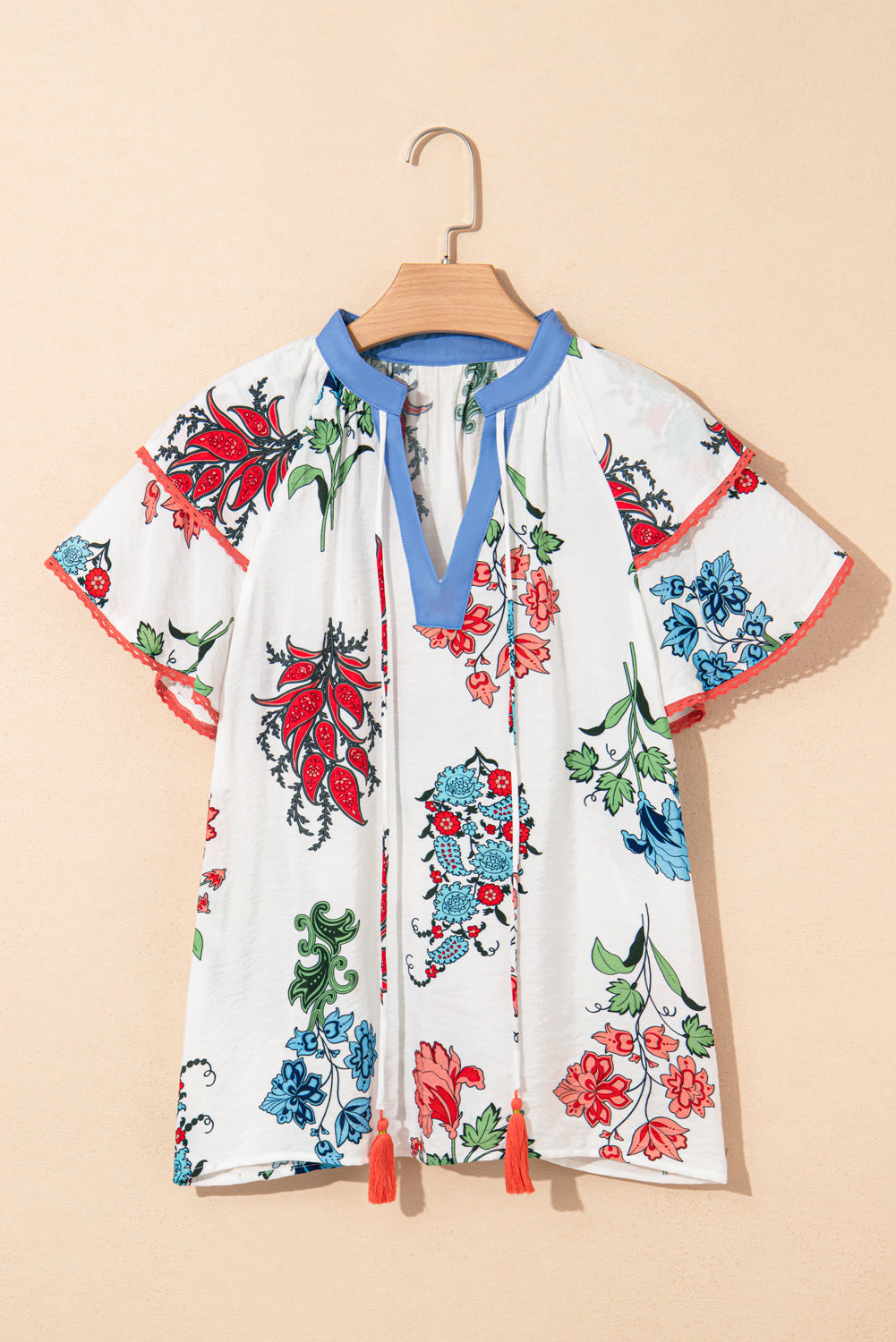 White Floral Print Contrast V Neck Tassel Tie Lace Detail Blouse