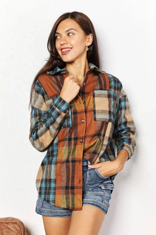 Double Take Plaid Curved Hem Shirt Jacket with Breast Pockets - Love Salve