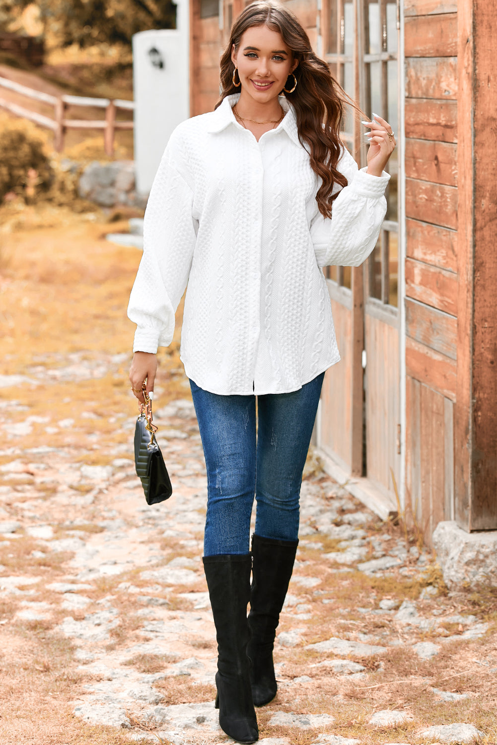 White Cable Texture Puff Sleeve Loose Shacket Casual Wear
