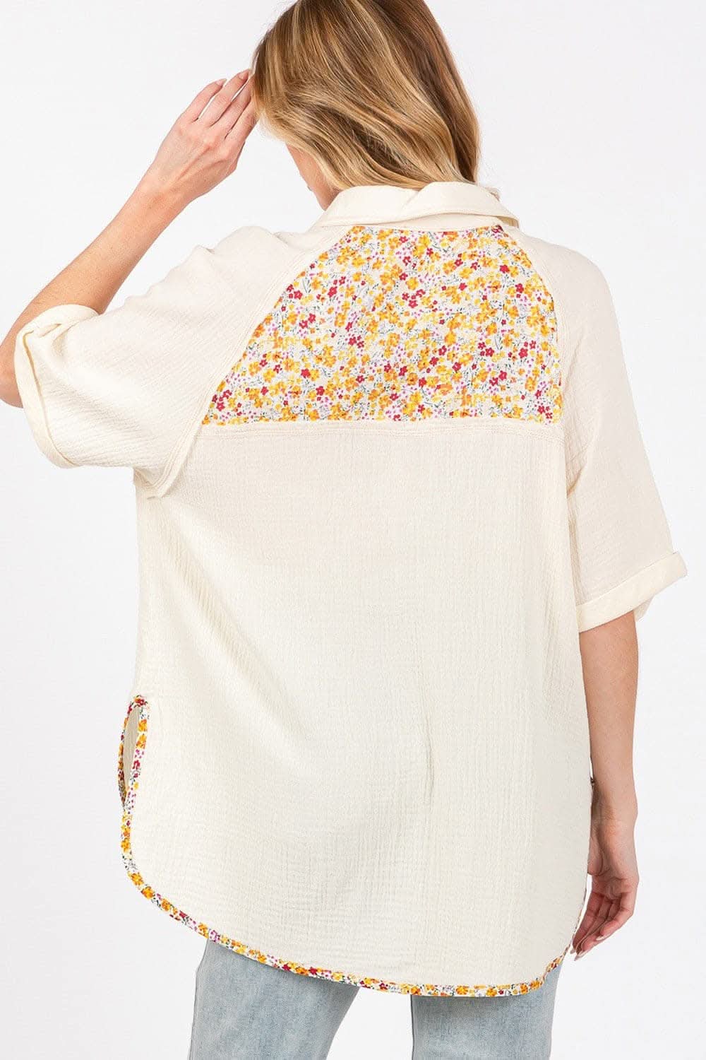 SAGE + FIG Full Size Floral Detail Button Up Short Sleeve Shirt - Love Salve
