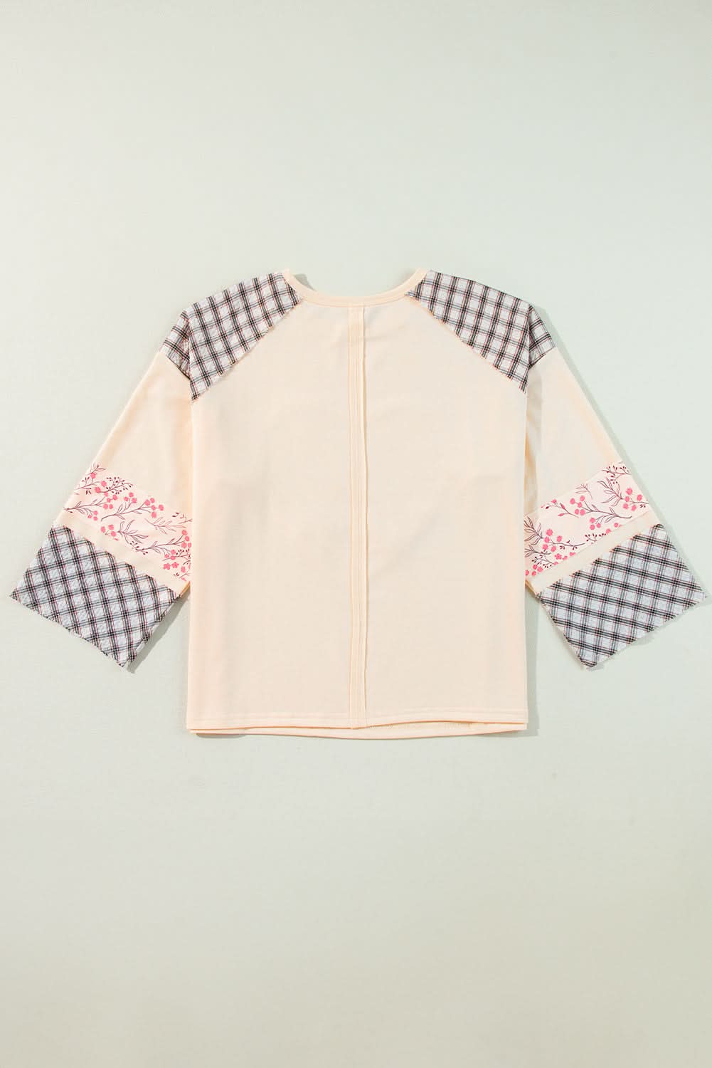 Beige Plaid Floral Peace Heart Graphic Wide Long Sleeve Top - Love Salve