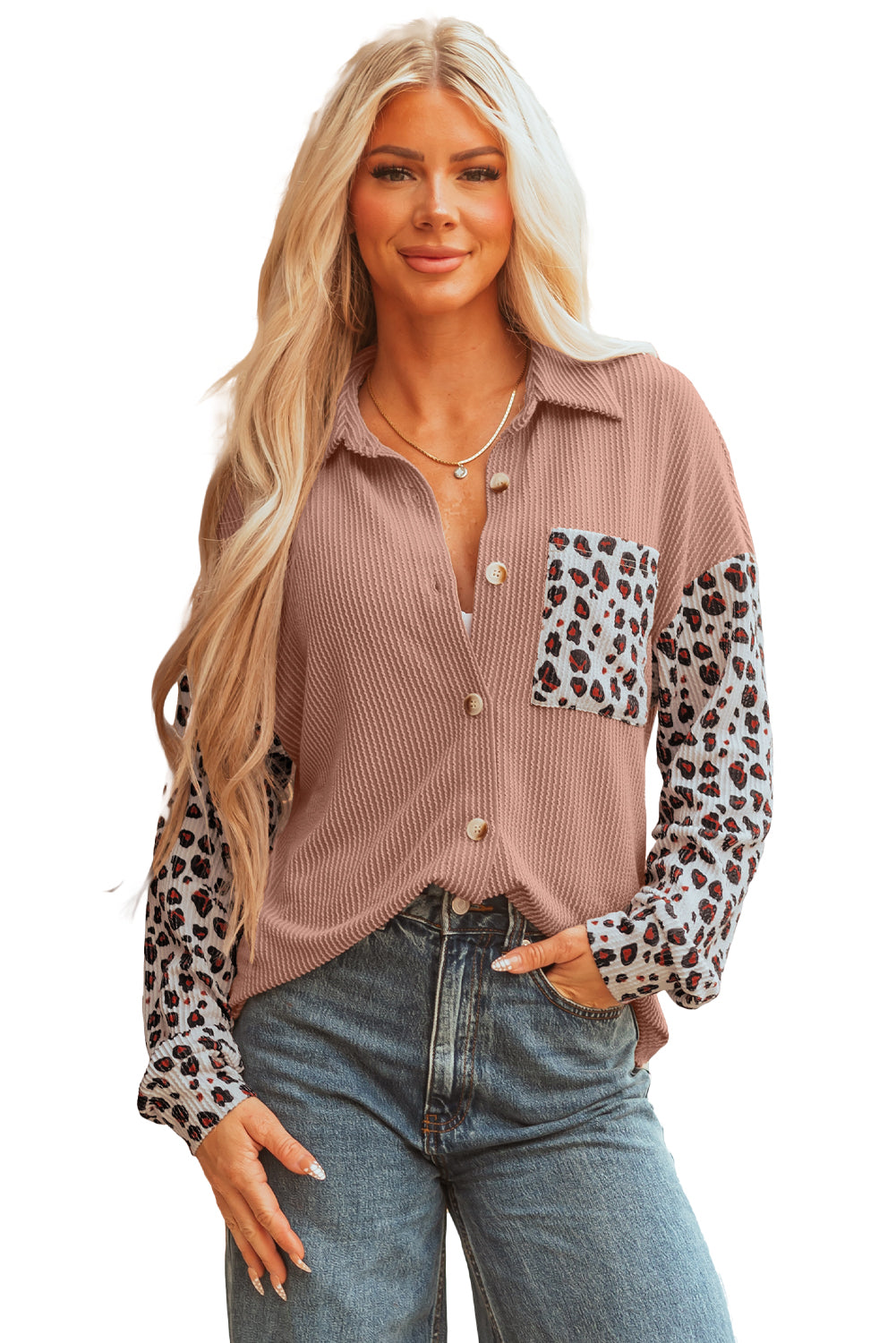 Dark Khaki Leopard Patched Twisted Ribbed Western Casual Shacket
