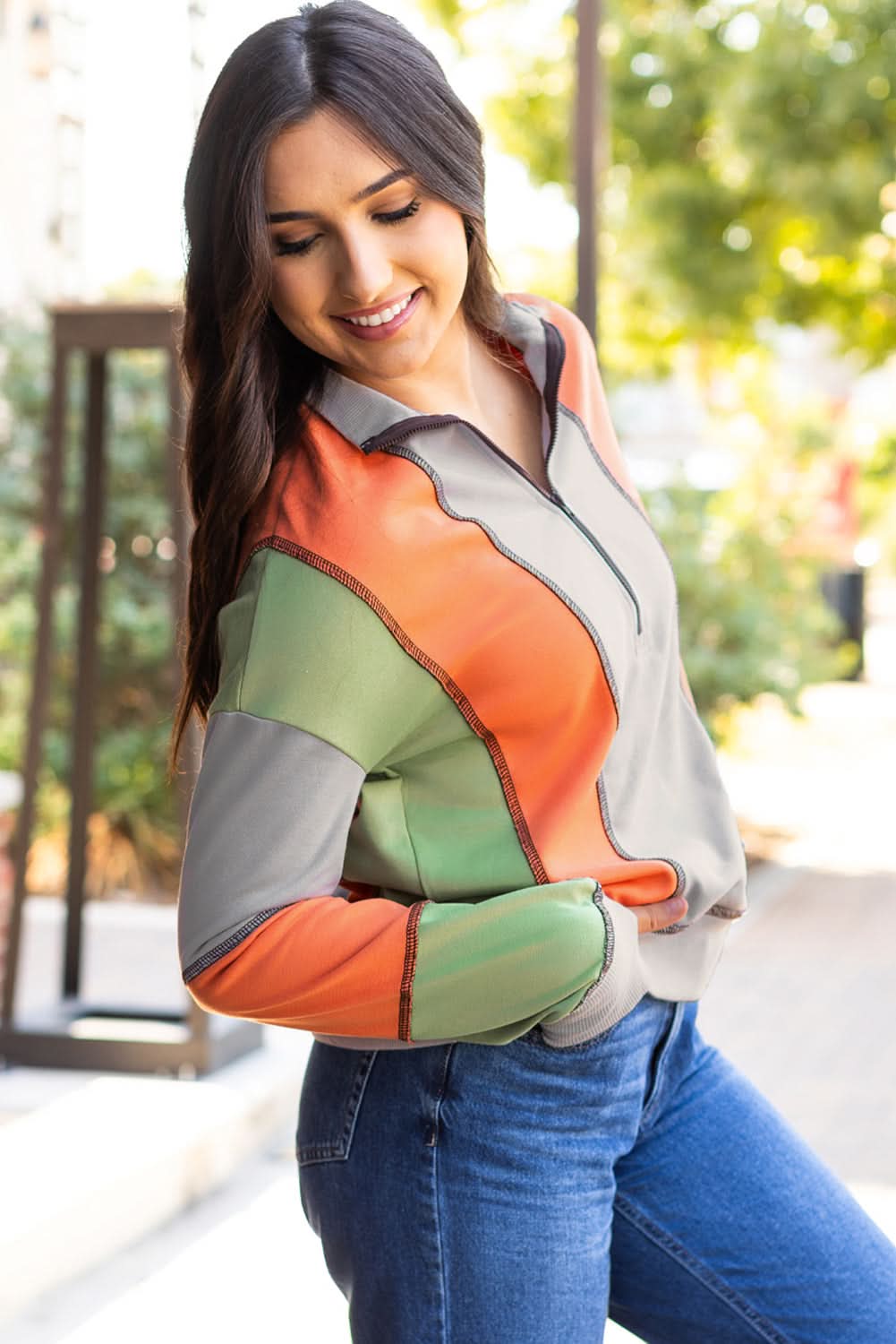 Light Grey Color Block Stitching Detail Half Zipper Sweatshirt - Love Salve