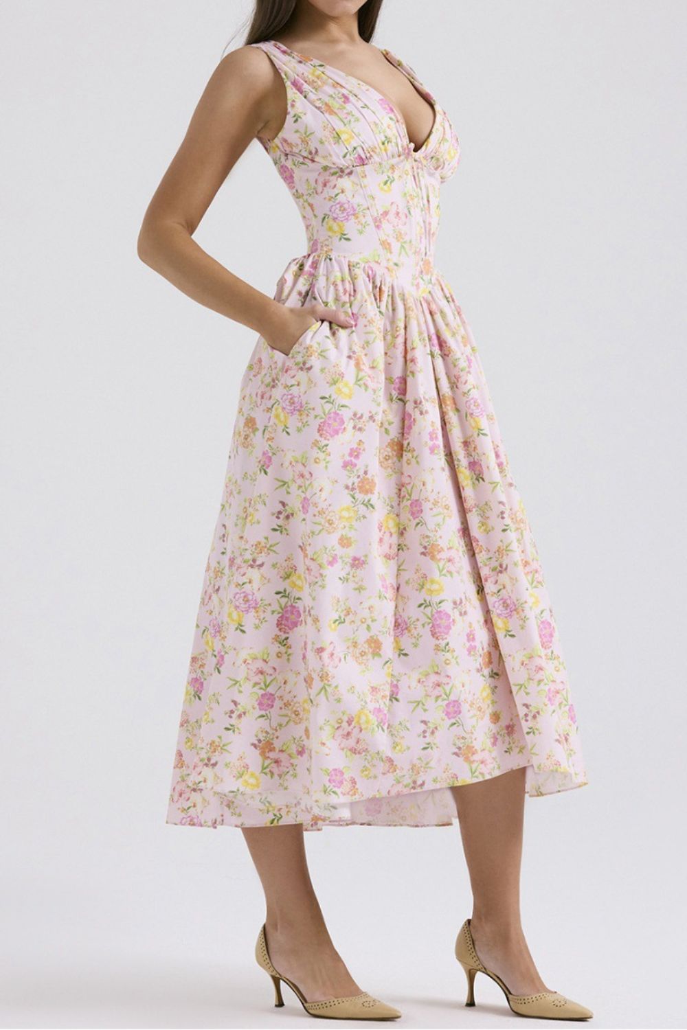 Garden Muse V-Neck Midi Dress with Pockets
