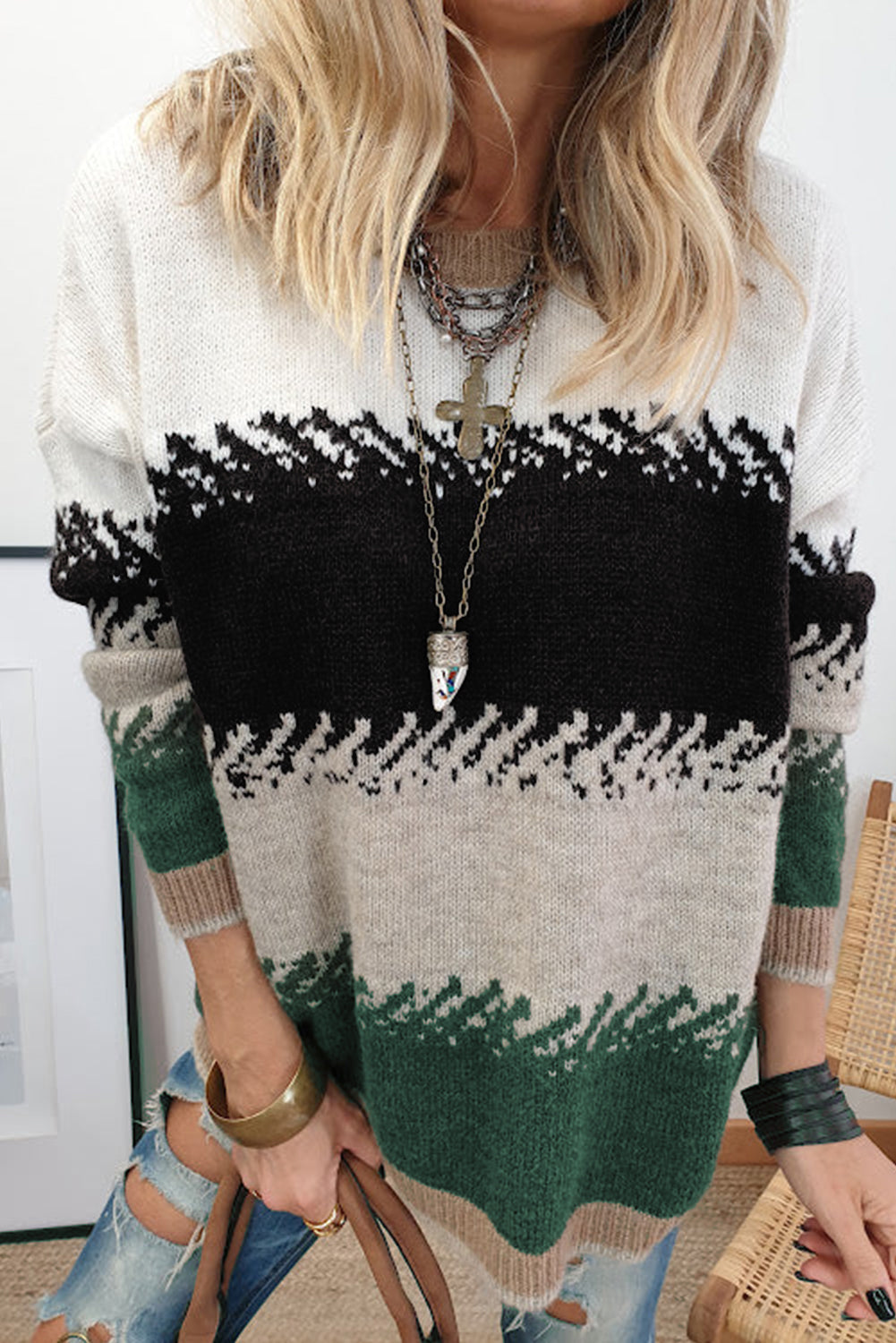 Premium Black Color Block Drop Shoulder Sweater Stylish Pattern