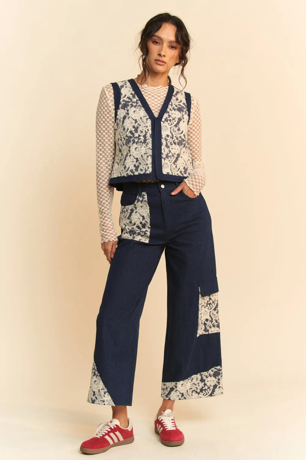 Davi and Dani Lace Patch Open Front Denim Vest - Love Salve