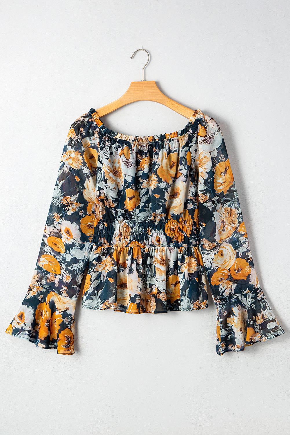 Premium Blue Floral Off Shoulder Bell Sleeve Smocked Peplum Top